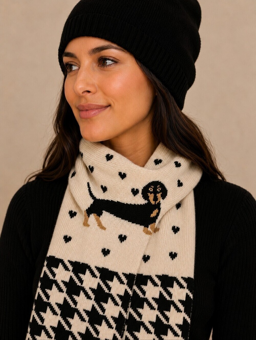 BARK Houndstooth Hearts Dachshund Knit Scarf and Black Beanie Set